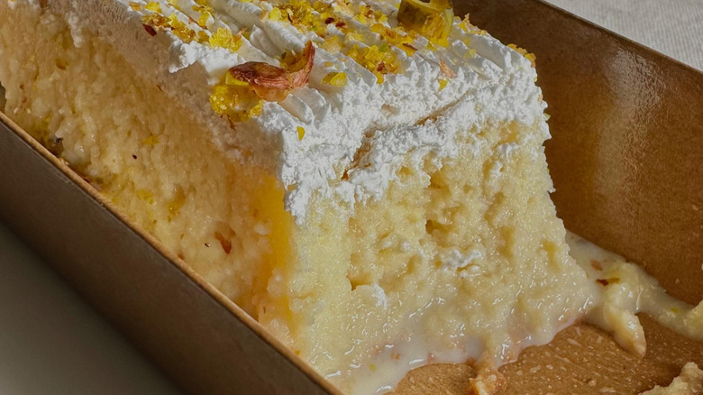 Close up of sliced Tres Leches cake
