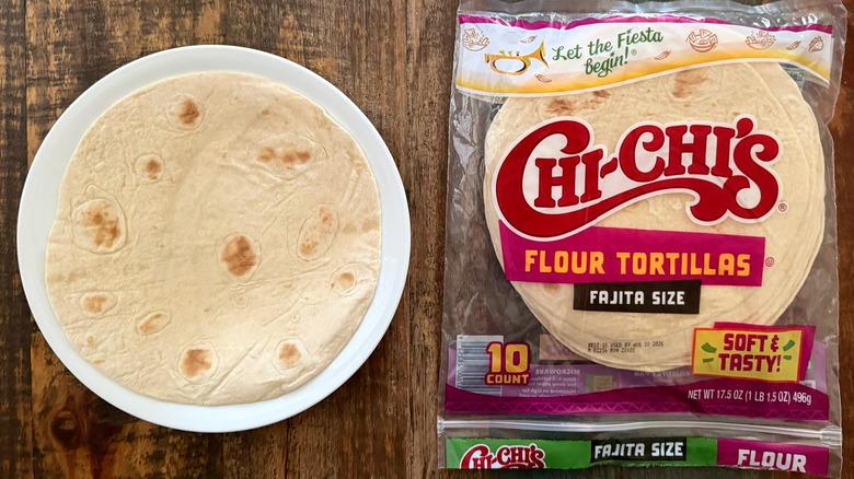 A package of Chi-Chi's Flour Tortillas next to a tortilla on a plate