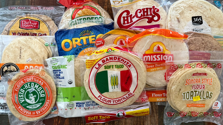 bags of various flour tortillas on a table, ready for ranking