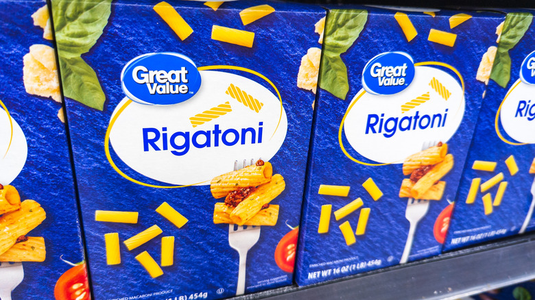 Great Value boxed rigatoni noodles on store shelf