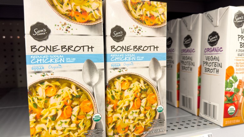 Cartons of sam's choice bone broth on store shelf