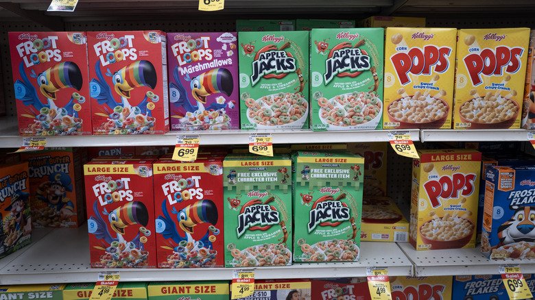 Brand-name cereals on a supermarket shelf
