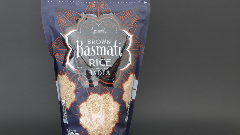 A bag of Aldi's imported Specially Selected brown basmati rice from India