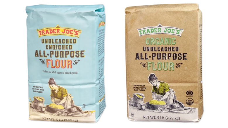 Bags of Trader Joe's Unbleached Enriched All-Purpose Flour and Organic Unbleached All-Purpose Flour on white background