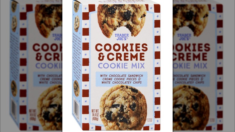 Box of Trader Joe's Cookies & Creme Cookie Mix on white background