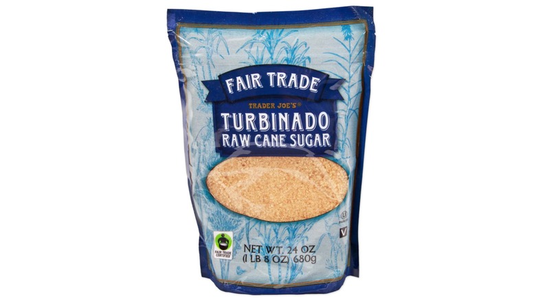 Bag of Trader Joe's Fair Trade Turbinado Raw Cane Sugar on white background