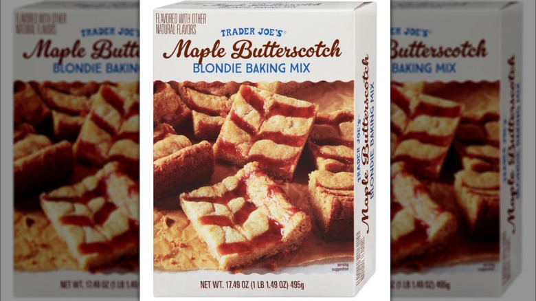 Box of Trader Joe's Maple Butterscotch Blondie Baking Mix on white background