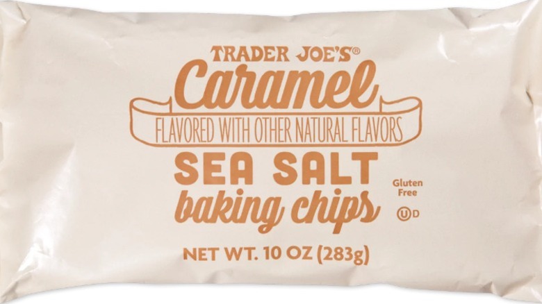 Bag of Trader Joe's Caramel Sea Salt Baking Chips on white background