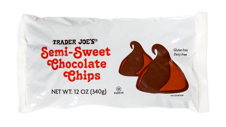 Bag of Trader Joe's Semi-Sweet Chocolate Chips on white background