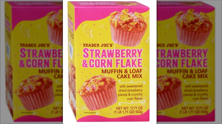 Box of Trader Joe's Strawberry & Corn Flake Cake Muffin & Loaf Cake Mix on white background