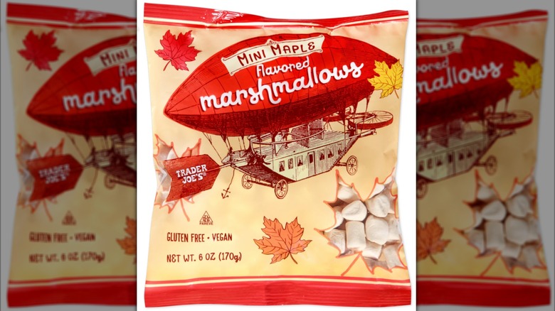 Bag of Trader Joe's Mini Maple Flavored Marshmallows on white background