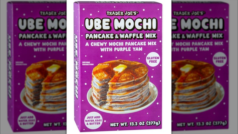 Box of Trader Joe's Ube Mochi Pancake and Waffle Mix on white background