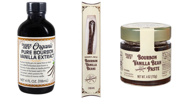 Bottle of Trader Joe's Organic Pure Bourbon Vanilla Extract, box of Bourbon Vanilla Beans, and jar of Bourbon Vanilla Bean Paste on white background