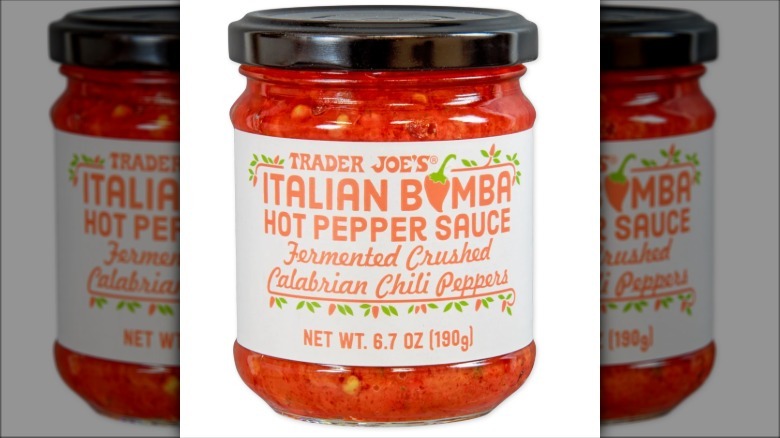 Close-up of a jar of Trader Joe's Italian Bomba Hot Pepper Sauce