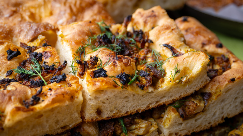 Close-up of herbed focaccia bread