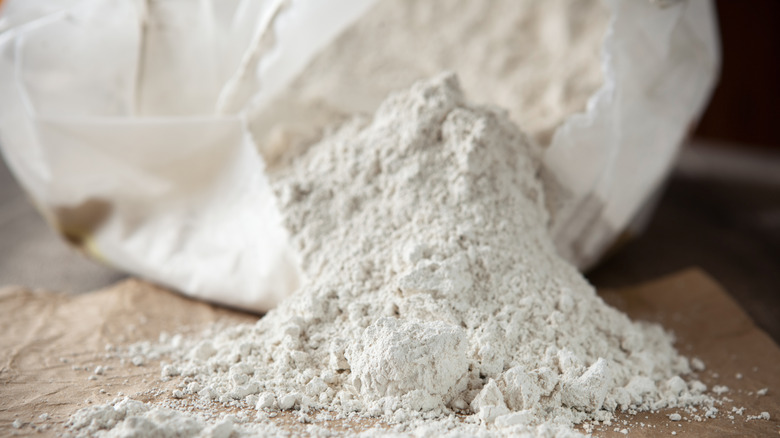 Diatomaceous earth spilling out of a white bag.