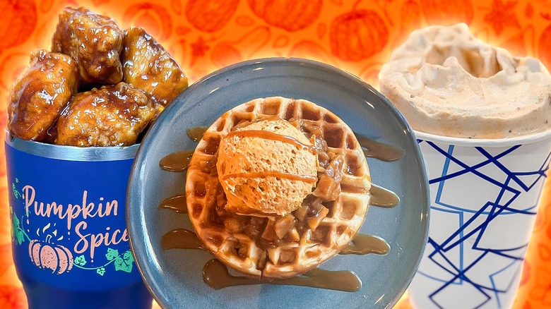 Pumpkin spice waffles, ice cream, and chicken against orange pumpkin background