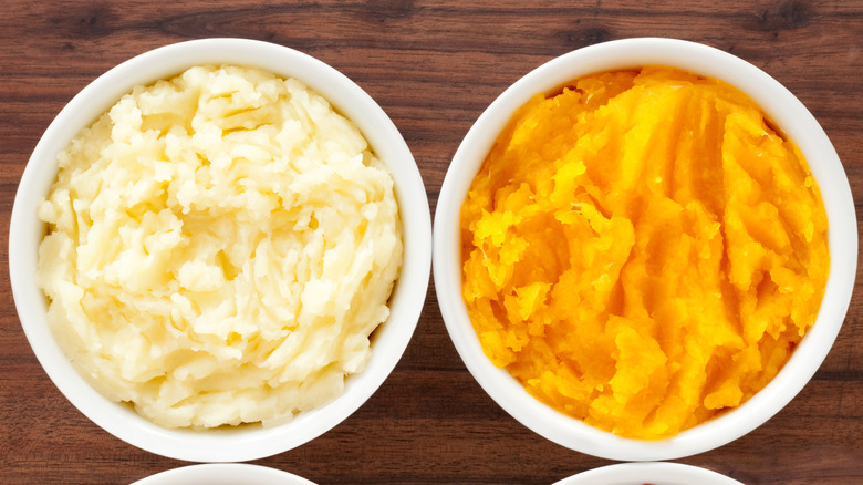 pureed potatoes next to pureed pumpkin