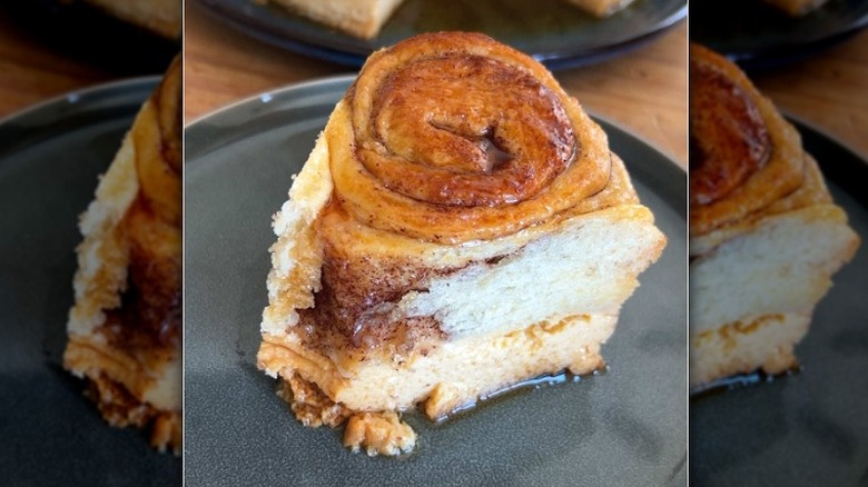 a slice of dessert with a cinnamon roll layer topped with flan