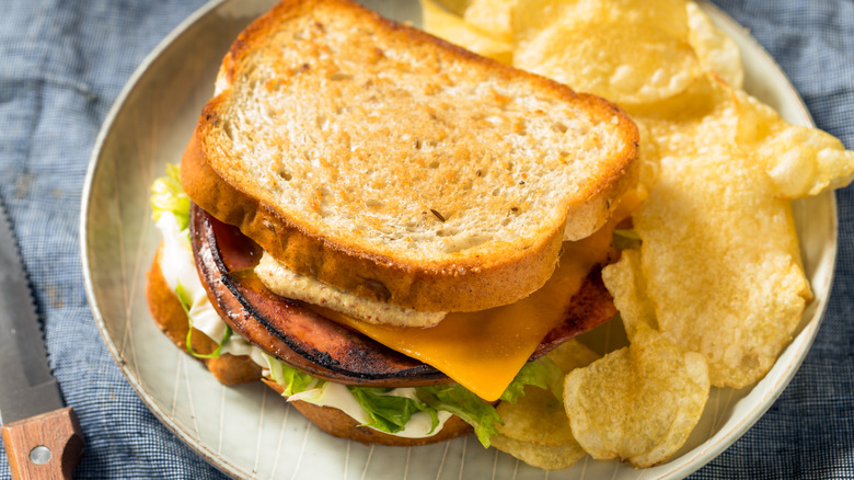 close-up of fried bologna sandwich with potato chips
