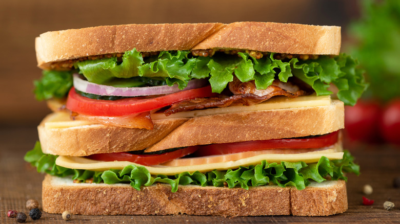 close-up of double decker club sandwich
