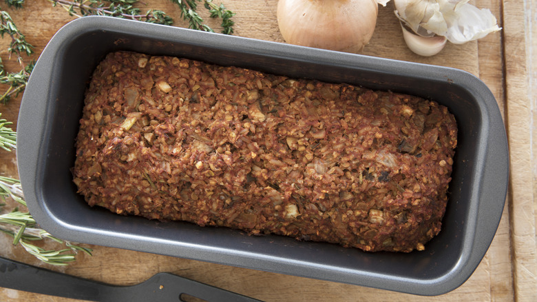 loaf of lentil bread in pan