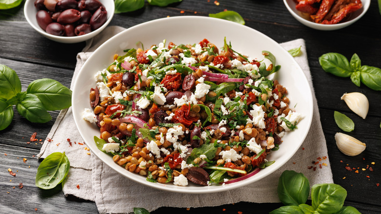 lentil salad in a white bowl