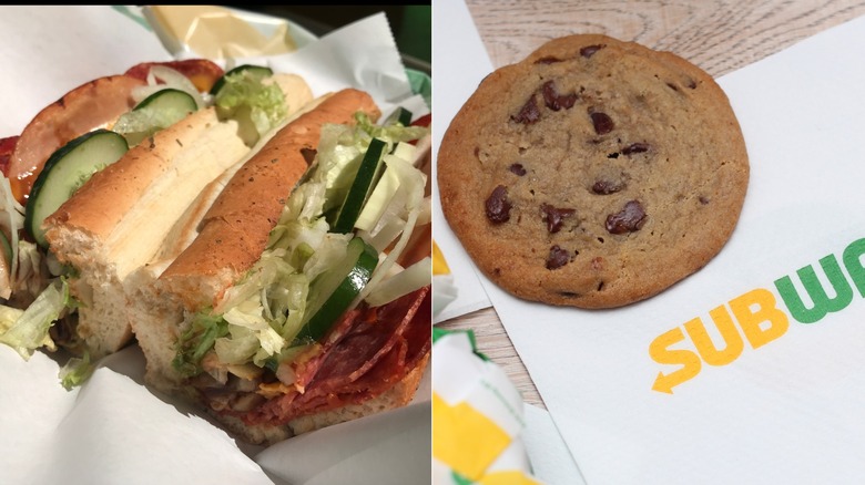A subway BMT sandwich side by side with a Subway chocolate chip cookie