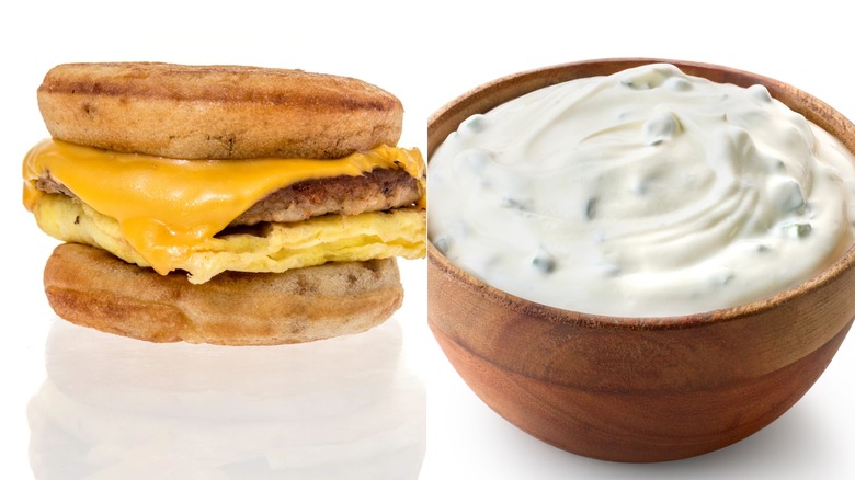 Sausage McGriddle from McDonald's side by side with a bowl of tartar sauce