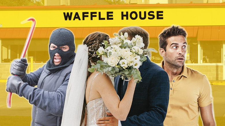 A masked man, wedding couple, and man looking sideways