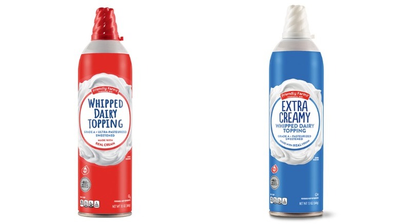 cans of Friendly Farms Whipped Dairy Topping and Friendly Farms Extra Creamy Whipped Dairy Topping