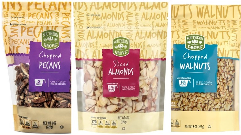 bags of Southern Grove Chopped Pecans, Southern Grove Chopped Walnuts, and Southern Grove Sliced Almonds