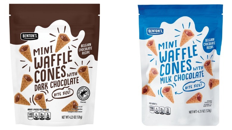 bags of Benton's Mini Waffle Dark Chocolate Cones and Benton's Mini Waffle Milk Chocolate Cones