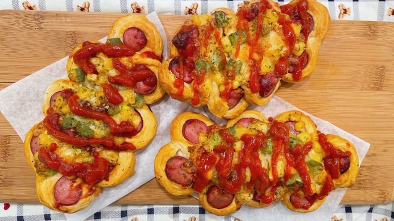 Korean sausage bread with ketchup drizzle made in the air fryer for brunch