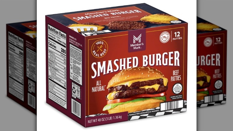 A box of Member's Mark Frozen Smashed Burger on a white background.