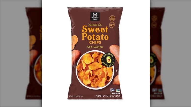A bag of Member's Mark Sweet Potato Chips on a white background.