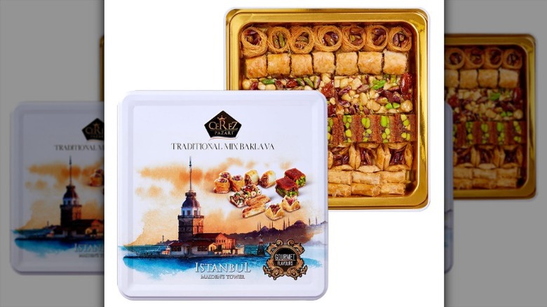 Cerez Pazari Baklava Gift Box in a tin decorated with a pictire of Istanbul