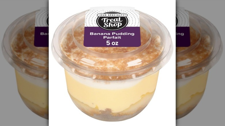Our Specialty Treat Shop Banana Pudding Parfait in a clear plastic lidded cup
