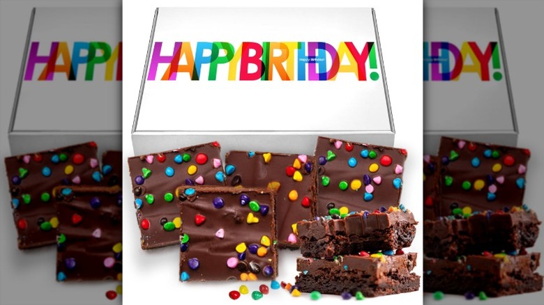OMCookie Birthday Party Large Brownies Gift Box with the inscription 'Happy Birthday!' in rainbow lettering