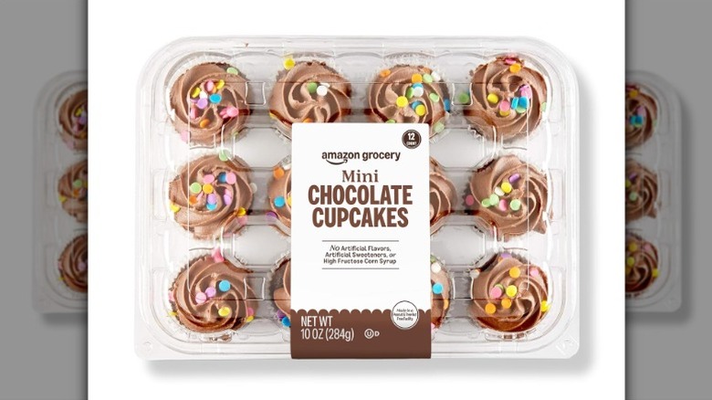 Amazon Grocery Mini Chocolate Cupcakes in clear plastic packaging