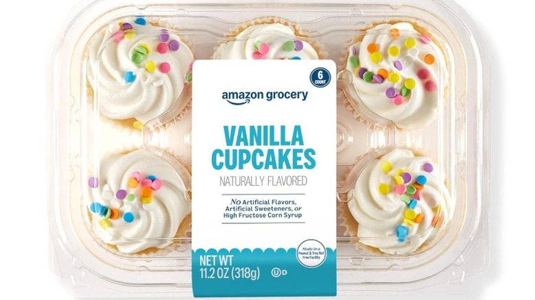 Amazon Grocery Vanilla Cupcakes in clear plastic packaging