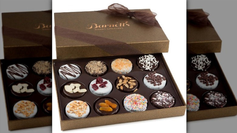 Barnett's Sweet Creation Chocolate Covered Cookie Gift Basket in a brown cardboard box with a brown ribbon