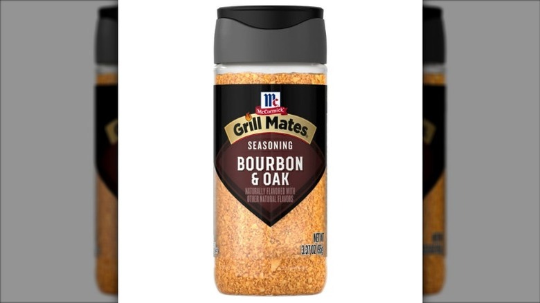 A jar of Grill Mates Bourbon & Oak Seasoning on a white background.