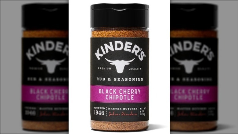 A jar of Kinder's Black Cherry Chipotle Rub & Seasoning on a white background.