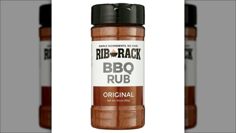 A jar of Rib Rack BBQ Rub on a white background.