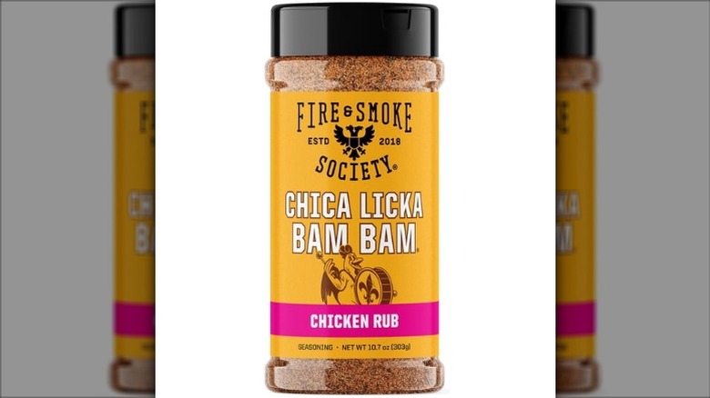 A jar of Fire & Smoke Society Chica Licka Bam Bam Chicken Rub on a white background.