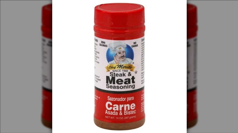 A jar of Chef Merito Steak & Meat Seasoning on a white background.