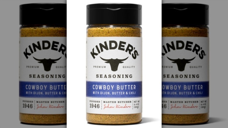 A jar of Kinder's Seasoning Cowboy Butter on a white background.