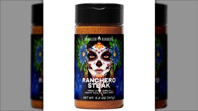 A jar of Ranchero Steak seasoning on a white background.