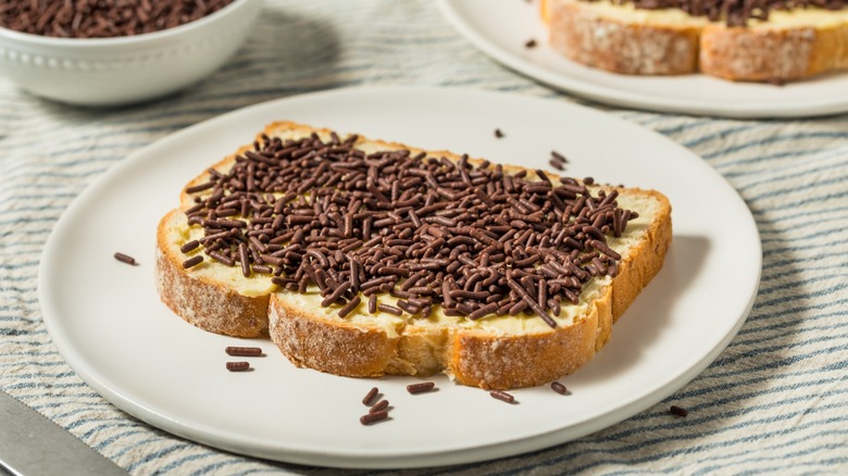 Homemade Dutch Hagelslag toast with butter and chocolate sprinkles